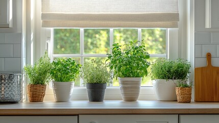 Fresh herbs growing on windowsill in modern kitchen
