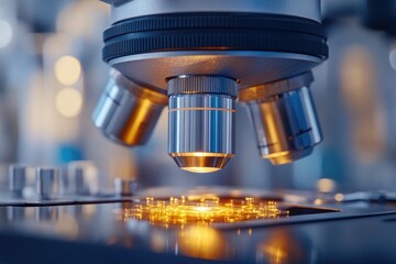 Modern microscope illuminating sample slide in laboratory setting