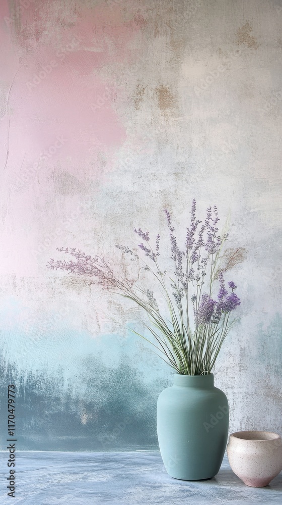 Poster Smooth concrete texture in pastel hues with a decorative vase of flowers on a table