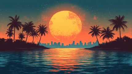A vibrant sunset over a city skyline with palm trees reflected in the water.