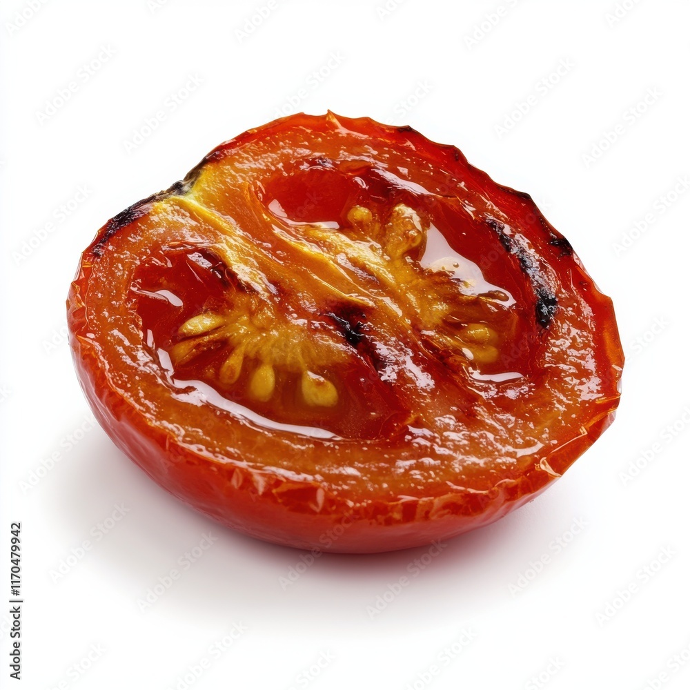 Poster Roasted tomato slice with caramelized edges showcasing vibrant color and texture on a white background