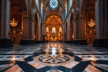 Obraz premium Majestic cathedral interior shining with golden light and marble floor