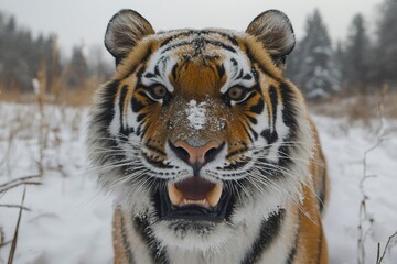 Obraz premium Siberian tiger showing teeth in snowy forest habitat