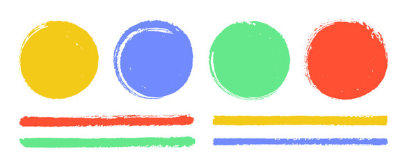 Bright colorful paint brush round frames and highlighter lines. Vector vibrant abstract design elements. Vivid red, blue, yellow and green hand drawn circles and lines  isolated on transparent bg