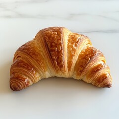 Golden-brown flaky croissant resting on a smooth white surface at a cozy bakery