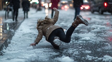A woman slips on an icy sidewalk, arms flailing, surrounded by pedestrians and traffic.