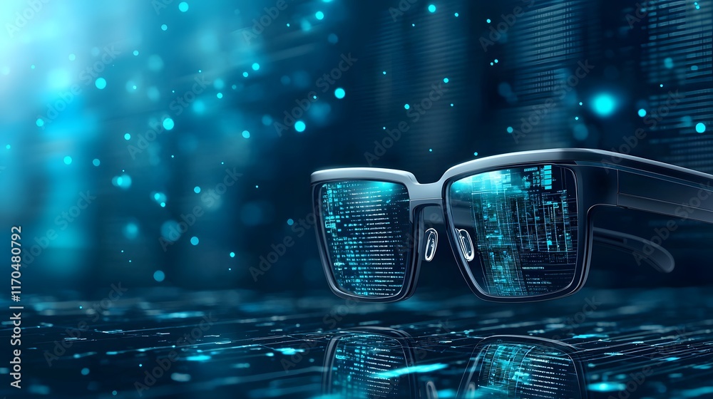 Poster holographic display of smart glasses with quantum computing technology showcasing real time data vis