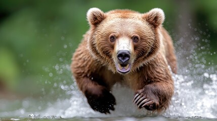 Fototapeta premium Grizzly bear running through water in a forested area wildlife photography natural setting dynamic view animal behavior
