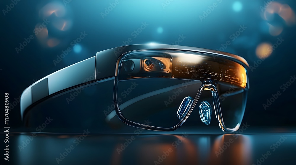 Poster a sleek and advanced pair of smart glasses powered by quantum computing technology highlighting inno