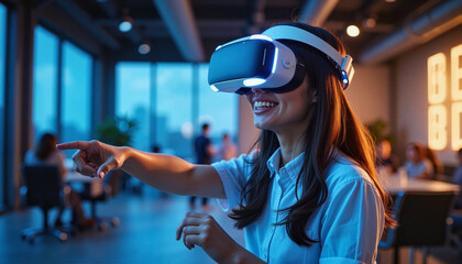 Asian girl joyfully exploring virtual reality in a tech room, digital awareness