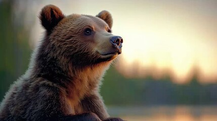 Obraz premium Grizzly bear portrait at sunrise in nature wildlife photography calm environment close-up viewpoint