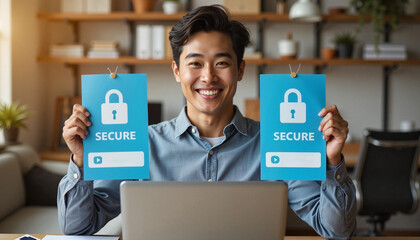 Asian man smiling and holding secure website banners, digital workspace, Safer Internet Day