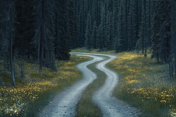 Obraz premium Winding dirt road through a lush forest, wildflowers blooming along the sides.