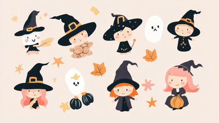 Halloween nuts and beans mages, wizards and sorcerers stickers pack. Vector cartoon walnut, peanut and almond, hazelnut, pistachio, coconut and cashew characters in witch and fairy Halloween costumes