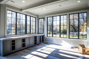 Fototapeta premium Carpenter Installs Custom Cabinets in Bright and Spacious Modern Sunroom with Panoramic Natural