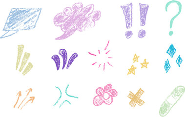 Various hand drawn crayon shape elements. Pencil sketch design of scribble lines, spirals and grunge arrows. Crayon pencil style isolated on white background