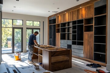 Carpenter Installing Custom Cabinets in Modern Home Office with Natural Lighting