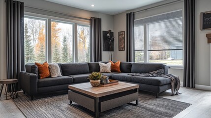 Modern living room interior with large sectional sofa and scenic autumn view