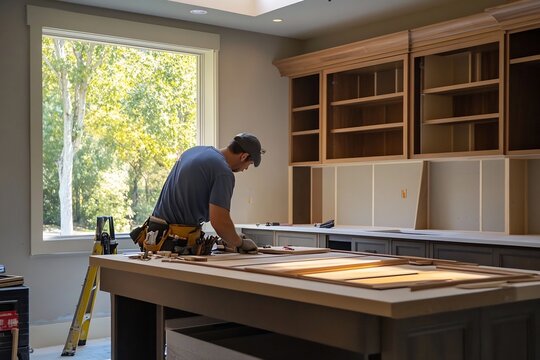 Carpenter Installs Custom Cabinets in Modern Home Office with Natural Lighting