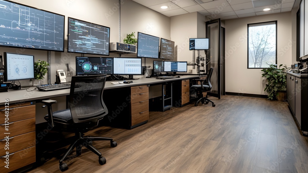 Poster a modern control room featuring cutting edge quantum computing and dynamic data analysis projections