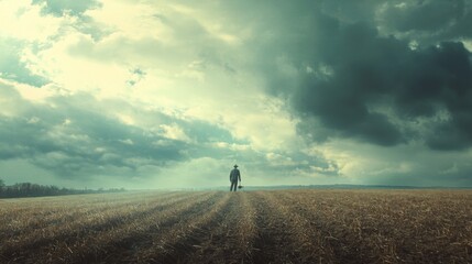 Fototapeta premium Solitary figure walking across a vast, plowed field under a dramatic, stormy sky.