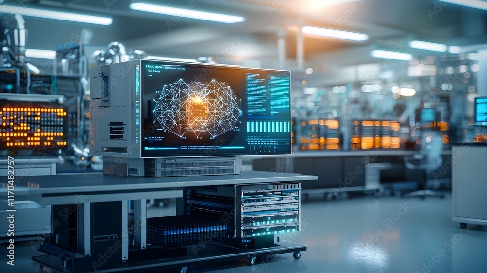 Poster cutting edge quantum computing laboratory featuring a holographic display showcasing complex data mo