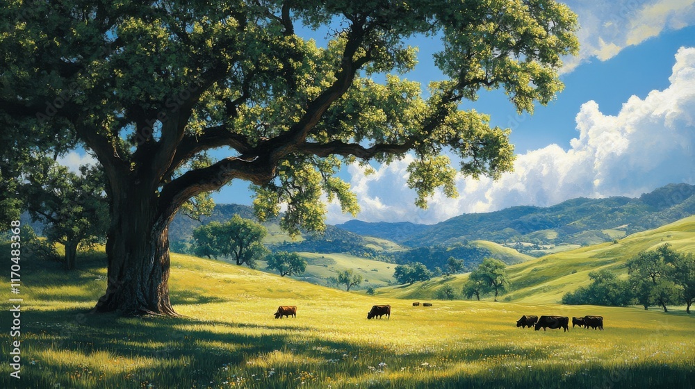 Poster grazing cows in a tranquil spring pasture surrounded by lush greenery and rolling hills under a clea