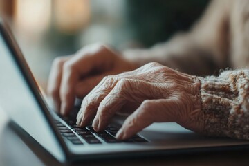 Elderly person using laptop: detail of wrinkled hands typing on keyboard