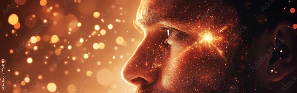 Aufkleber mystical portrayal of a man's face illuminated with ethereal sparkles and warm, ambient light