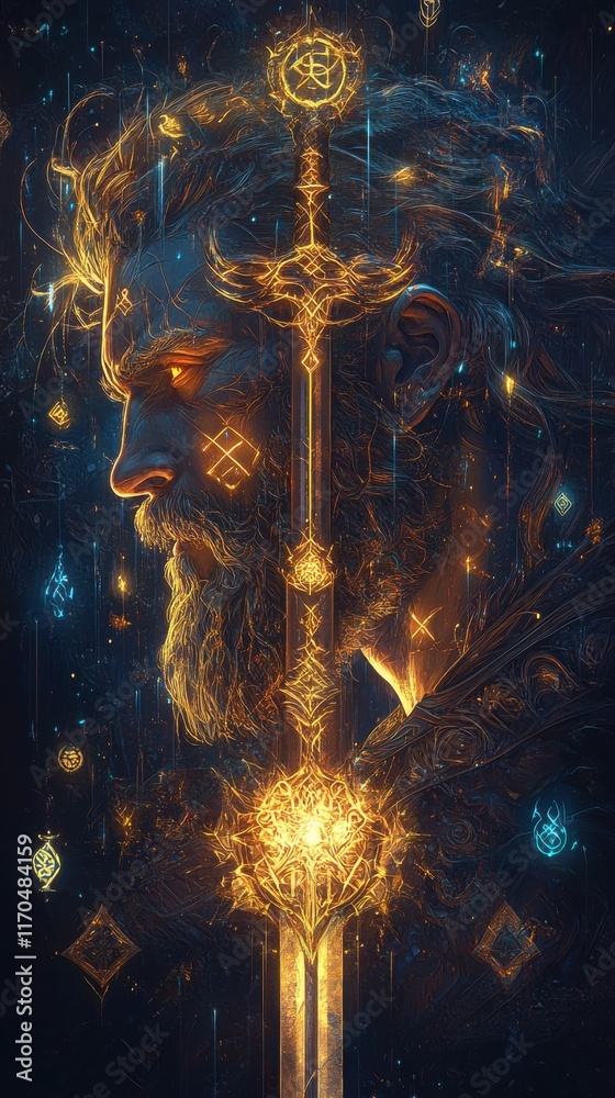 Aufkleber Mysterious profile of a man illuminated by mystical symbols and a shining sword in dark ethereal colors