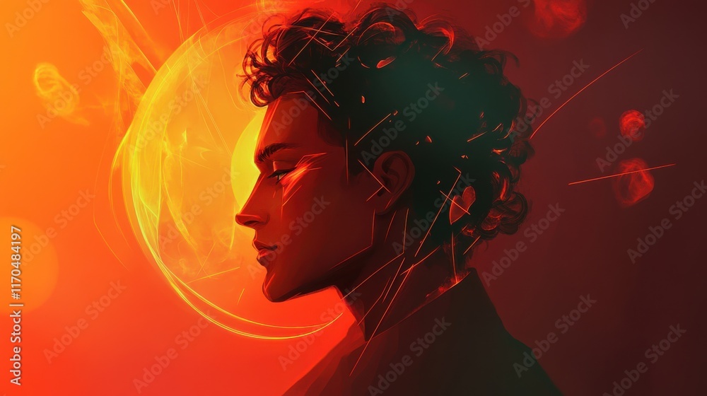 Poster mystical portrayal of a man's profile illuminated by cosmic elements and vibrant colors