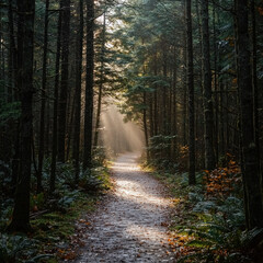Obraz premium Sunbeams illuminate a tranquil forest path.