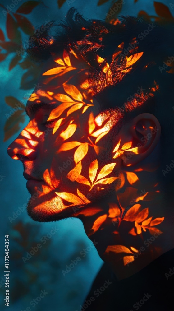 Poster mystical profile of a man illuminated by vibrant leaves in a surreal setting
