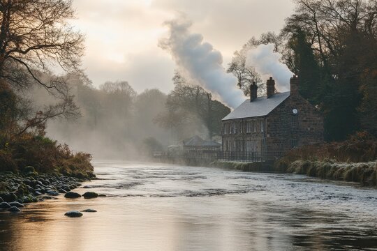 Quarry bank mill emitting smoke on the river bollin at sunrise in styal, uk
