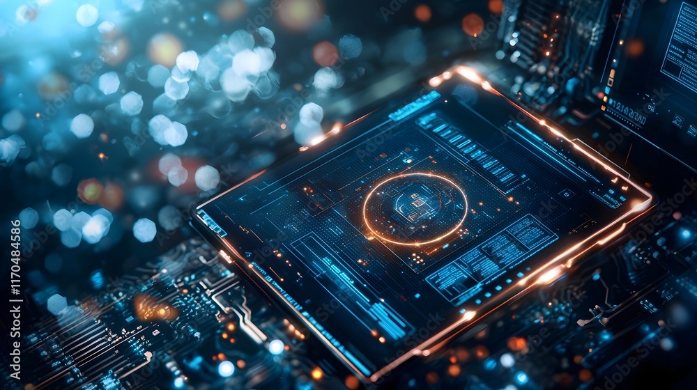 Poster Quantum Computing Processing Complex Datasets and Producing a Detailed Glowing Digital Report with Empty Copy Space at the Bottom for Intelligence Analytics and Big Data Visualization