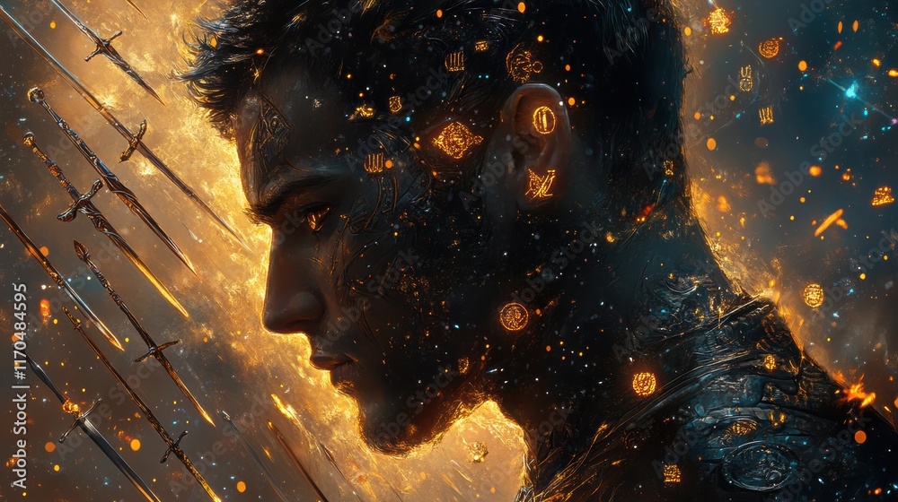 Poster mystical profile of a man filled with glowing symbols and swords in a surreal fantasy landscape