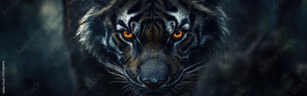 Poster Close-up view of a tiger's face showcasing intense gaze and distinctive features in natural habitat