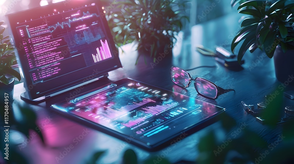 Poster a futuristic desk featuring a quantum computer that generates a holographic financial report with gl