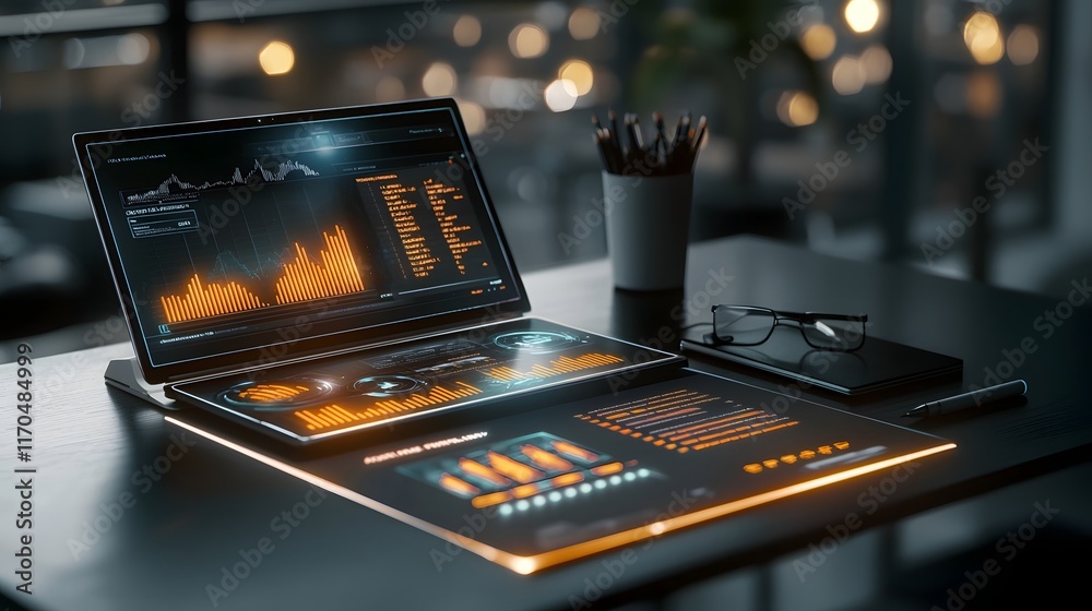 Poster Futuristic quantum computer desk displaying a holographic financial report with glowing analytics and data visualization leaving copy space on the right side for additional content