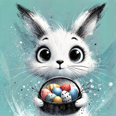 Cartoon bunny with a joyful expression holding a basket of colorful Easter eggs against a light blue background