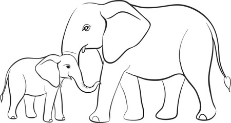 Elephant with baby symbol. one line drawing
