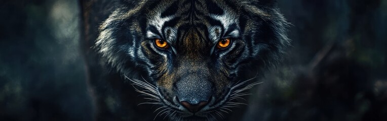 Obraz premium Close-up view of a tiger's face showcasing intense gaze and distinctive features in natural habitat