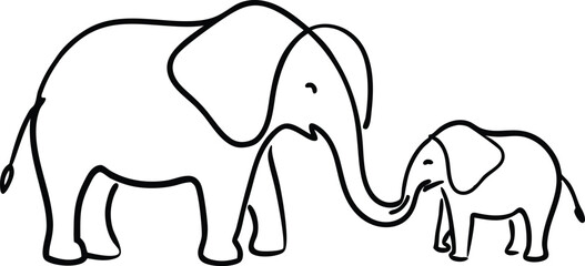 Elephant with baby symbol. one line drawing