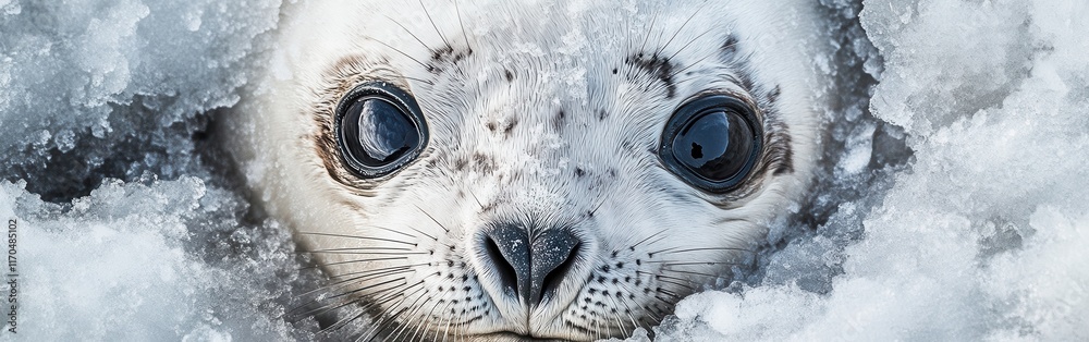 Poster Close-up view of a seal pup navigating through a snowy habitat during winter