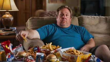 A fat man sitting on a couch surrounded by fast food and snacks.