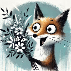 Cartoon fox with a joyful expression holding a bouquet of flowers against a teal background
