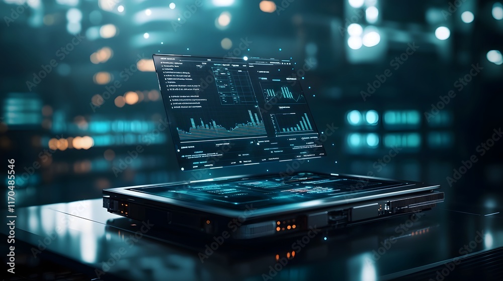 Poster Futuristic scene of a sleek quantum computer generating a holographic market analysis report with dynamic charts diagrams and data visualizations leaving ample copy space at the bottom