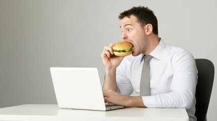 Businessman eating a burger while working on a laptop at a desk.