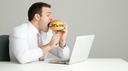 Businessman eating a burger while working on a laptop at a desk, showcasing unhealthy eating at work.