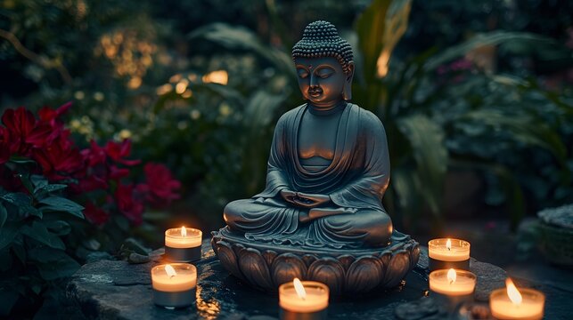 Serene Buddha Statue Surrounded By Lit Candles